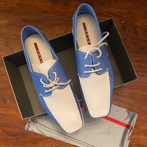 Mens Prada White & Blue Boat Shoes